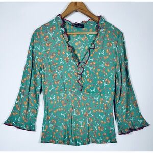 Loco Lindo Blouse Large Green Martini Cocktail Starburst Ruffle V Neck Pullover